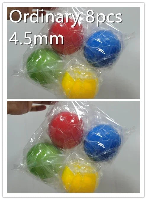 Set of eight plastic balls in red, blue, green, and yellow, packaged in clear plastic.