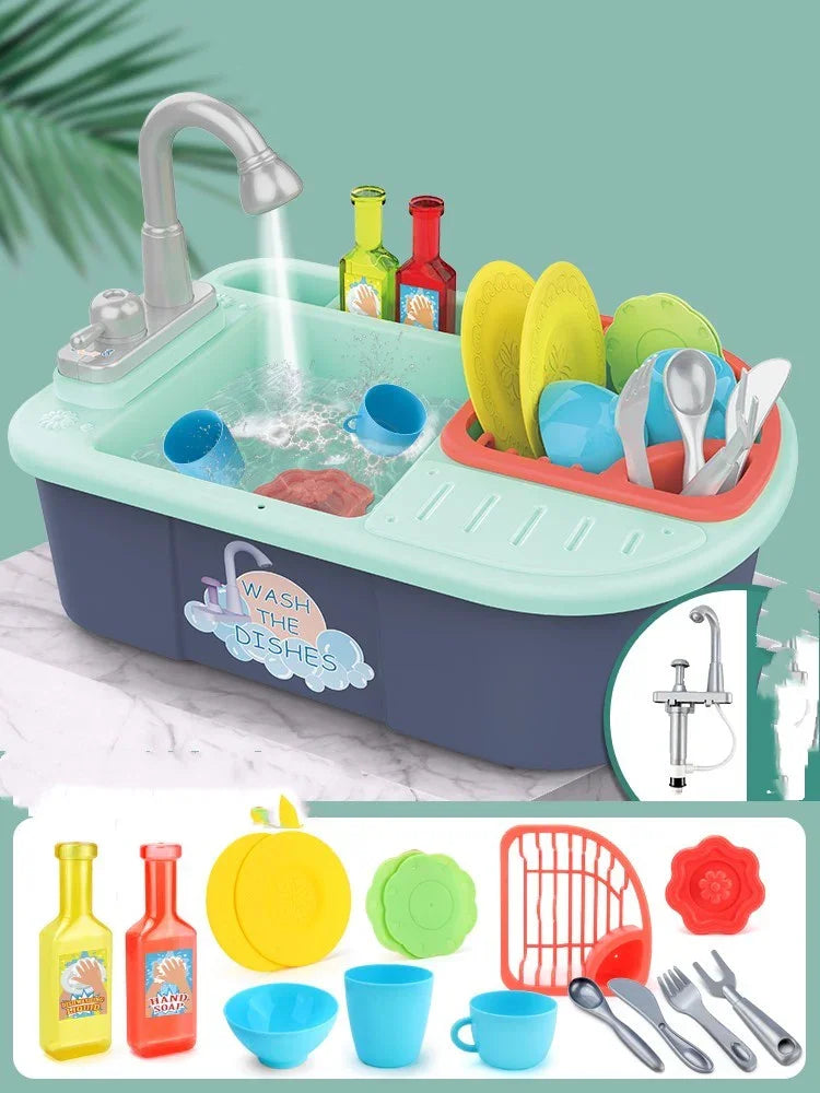 Colorful plastic toy kitchen sink set with play dishes, utensils, and running water feature