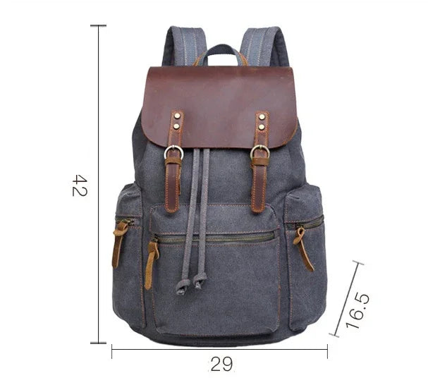 Gray canvas backpack with brown leather flap, adjustable straps, front pockets, casual fit.