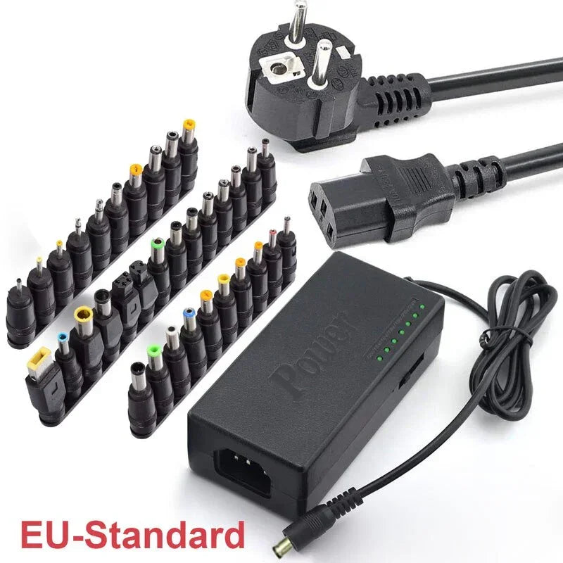 Universal black laptop power adapter with multiple interchangeable charging tips, EU plug