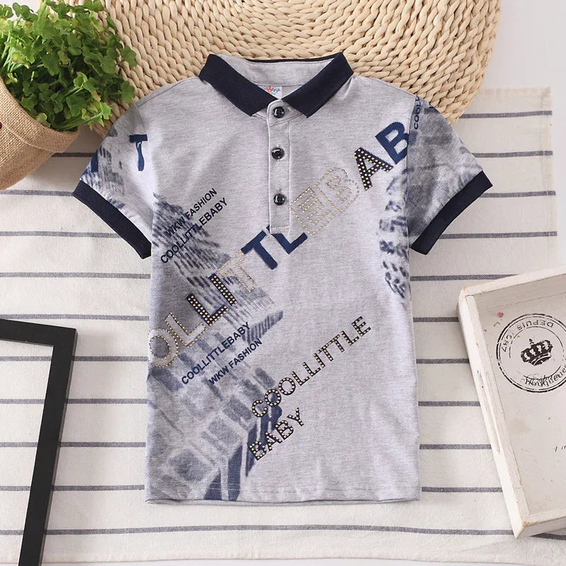 Gray short sleeve polo shirt with black collar, printed text design, casual slim fit