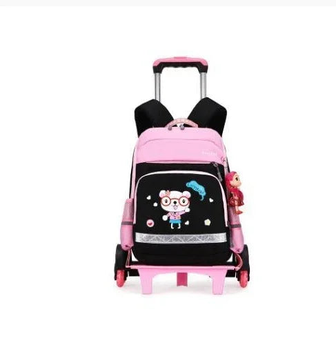Pink and black cartoon rolling backpack with telescopic handle and plush toy charm