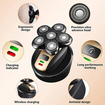 Black and gold electric head shaver with six rotary blades, ergonomic grip, charging indicator, and wireless charging.