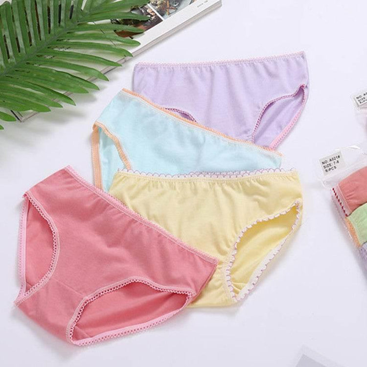 Set of four pastel cotton bikini briefs in pink, yellow, blue, and lavender, soft and comfy fit