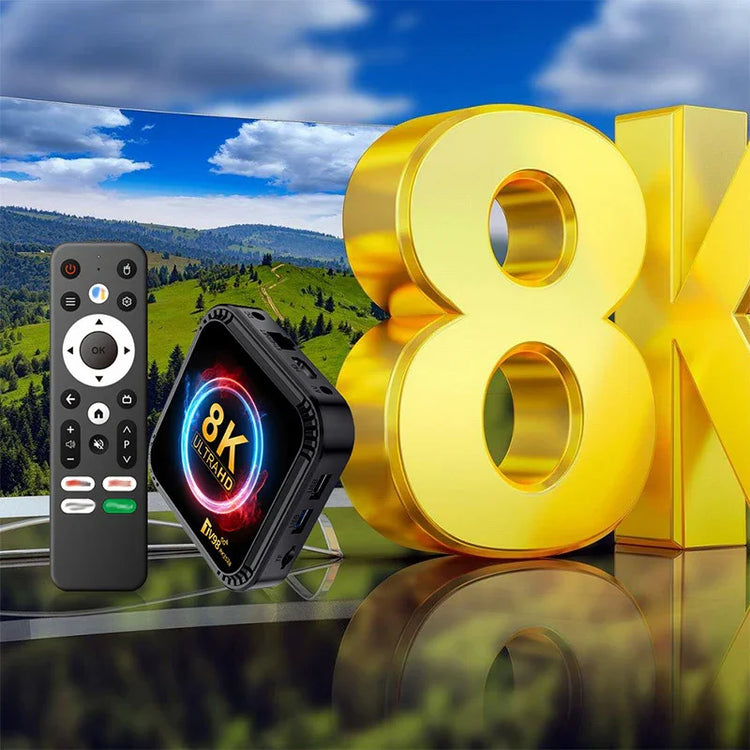 Black 8K Ultra HD streaming device with remote, sleek modern design, outdoor background