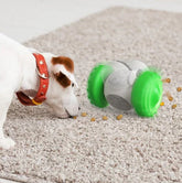 Dog playing with green and white treat-dispensing toy on beige carpet