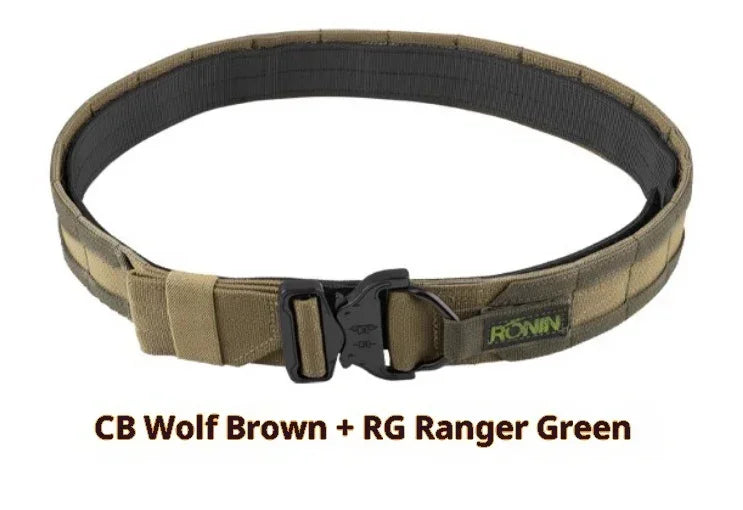 Tactical utility belt in wolf brown and ranger green, durable material, adjustable fit