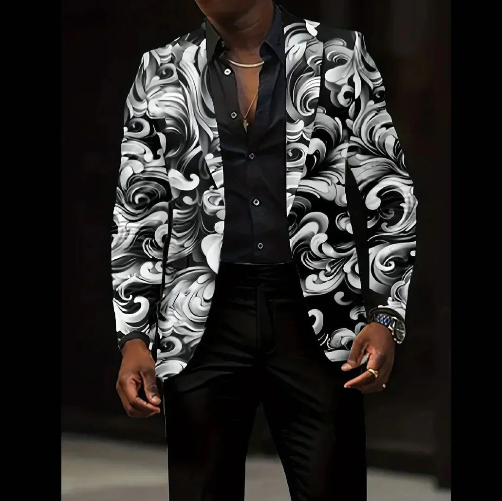 Men's black and white swirl pattern blazer, slim fit, paired with black shirt and pants