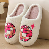 Cozy white fleece slippers with pink plaid embroidery, closed-toe, slip-on, casual fit
