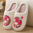 Cozy white fleece slippers with pink plaid embroidery, closed-toe, slip-on, casual fit