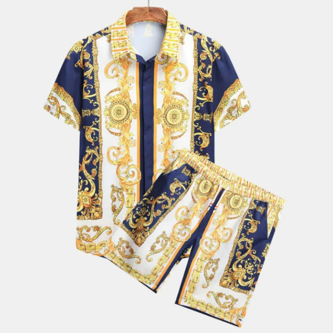 Men's short-sleeve shirt and shorts set in navy, gold, and white baroque print satin, relaxed fit