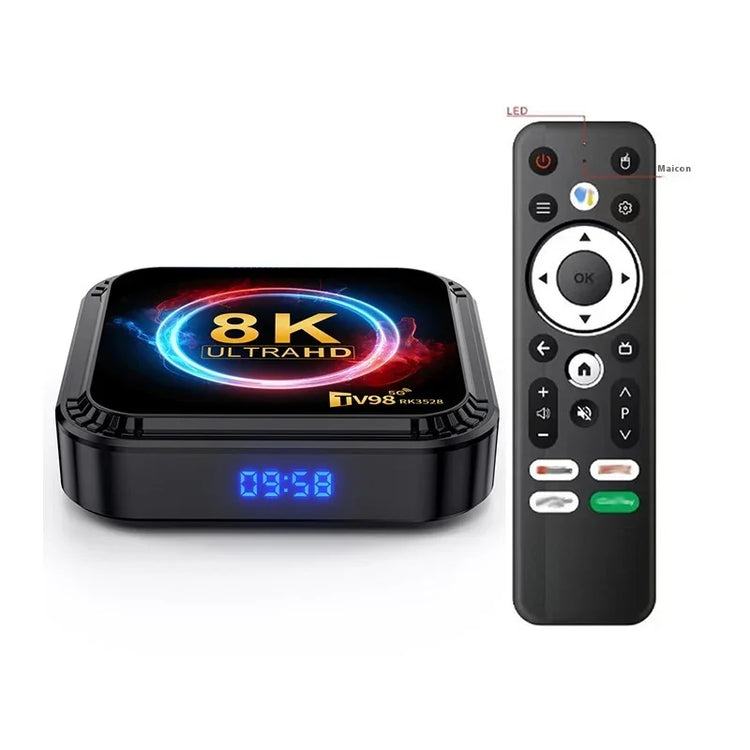 Black 8K Ultra HD streaming TV box with digital clock display and remote control, modern tech accessory