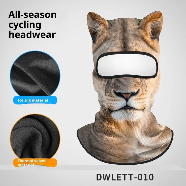 Lion face print balaclava with ice silk and thermal velvet material, full-face cycling mask.