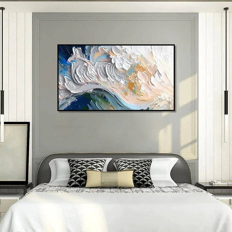 Modern bedroom with abstract wall art, neutral bedding, geometric accent pillows, and minimalist decor