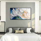 Modern bedroom with abstract wall art, neutral bedding, geometric accent pillows, and minimalist decor