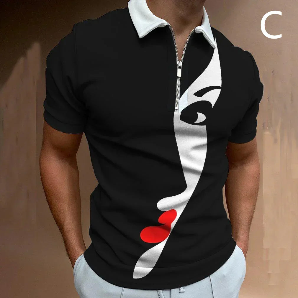 Men's black short-sleeve polo shirt with white collar, zipper, and abstract face print