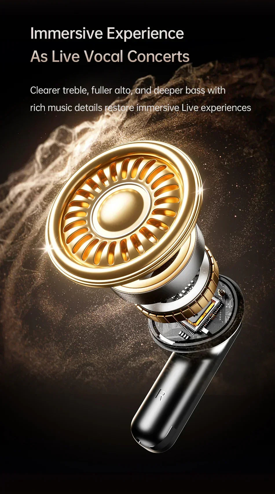 Close-up of gold and black wireless earbud speaker driver, showing audio technology details.