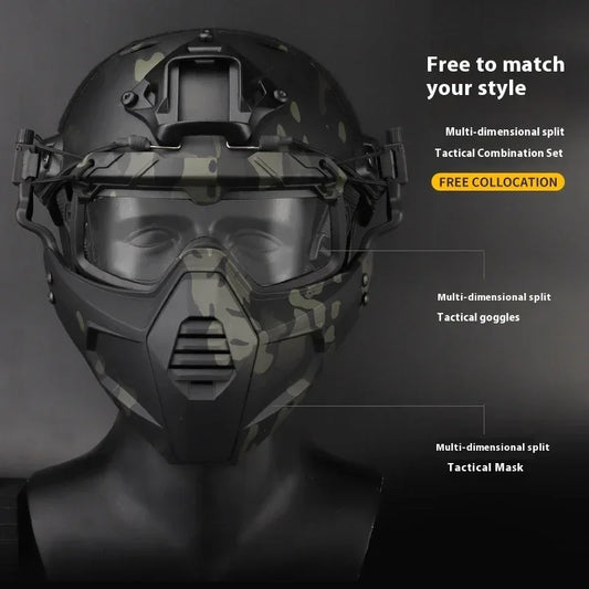 Black camo tactical helmet with matching goggles and face mask, futuristic streetwear style.