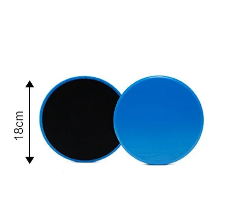 Pair of round blue and black exercise sliders, 18 cm diameter, for fitness workouts