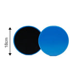 Pair of round blue and black exercise sliders, 18 cm diameter, for fitness workouts