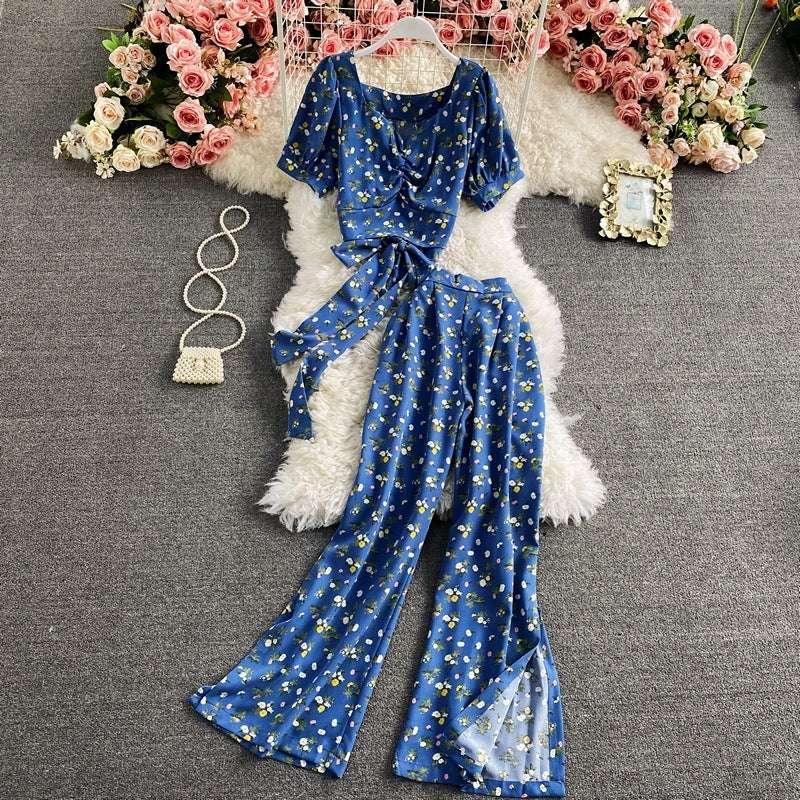 Blue floral short sleeve top and wide-leg pants set, lightweight fabric, relaxed fit