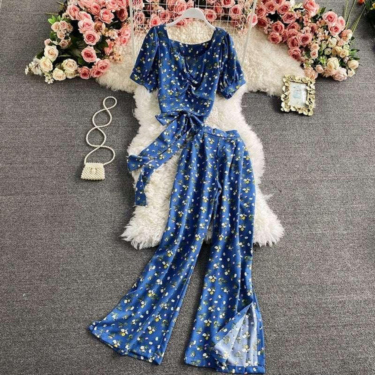 Blue floral short sleeve top and wide-leg pants set, lightweight fabric, relaxed fit