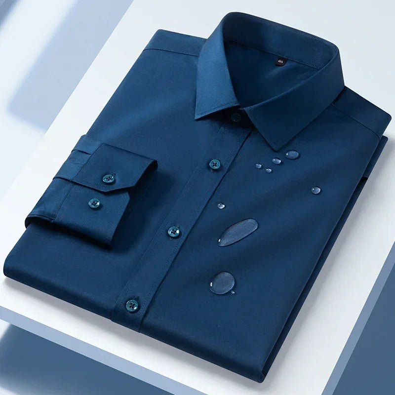 Folded dark blue dress shirt, water-repellent fabric, slim fit style on table