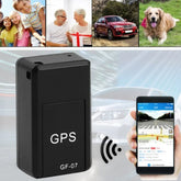 Black GPS tracker device with compact rectangular design, shown with smartphone tracking interface.