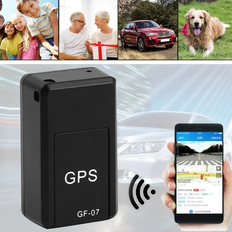 Black GPS tracker device with compact rectangular design, shown with smartphone tracking interface.