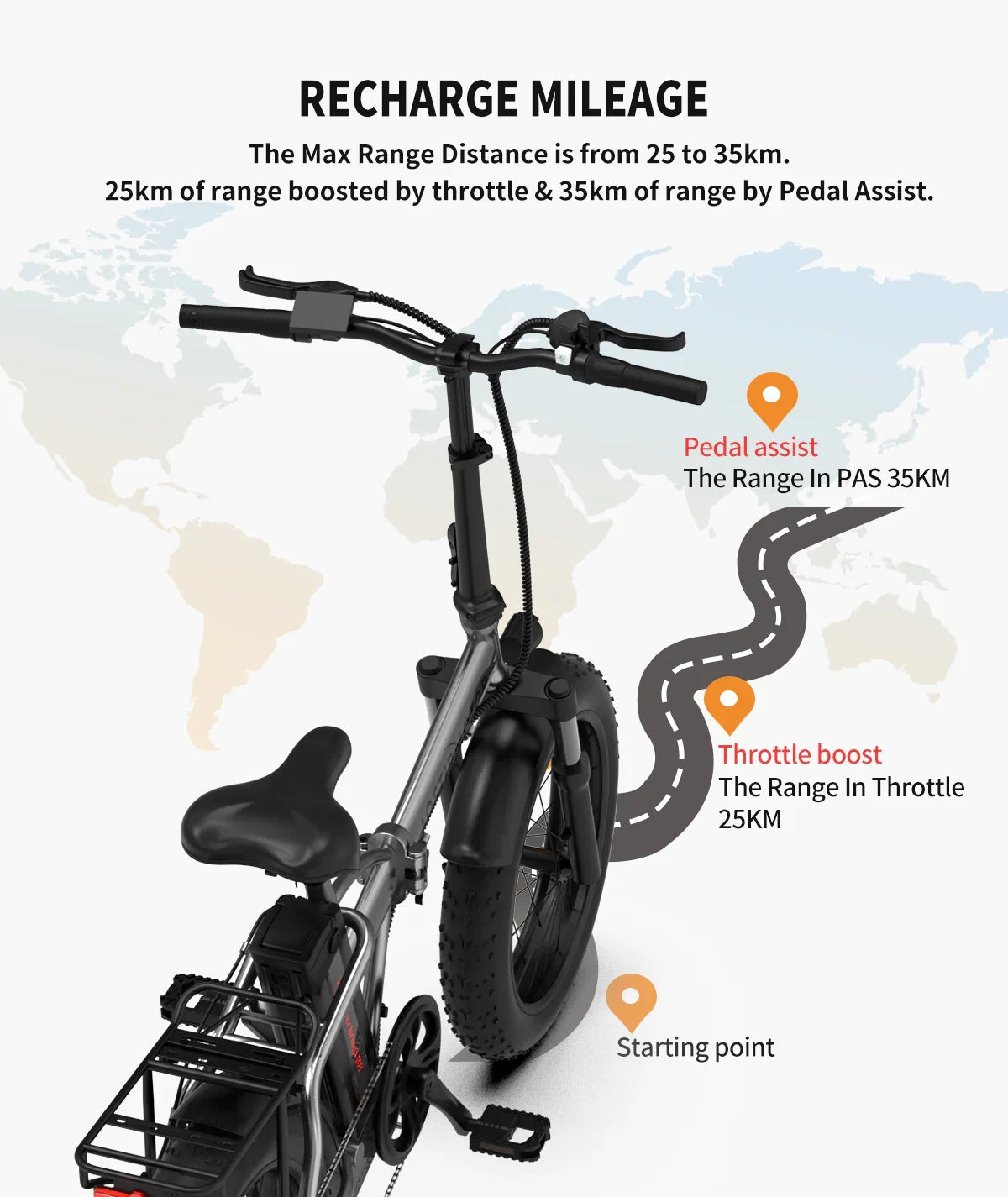 Electric bike with thick tires and rear rack, showing range for throttle and pedal assist modes.