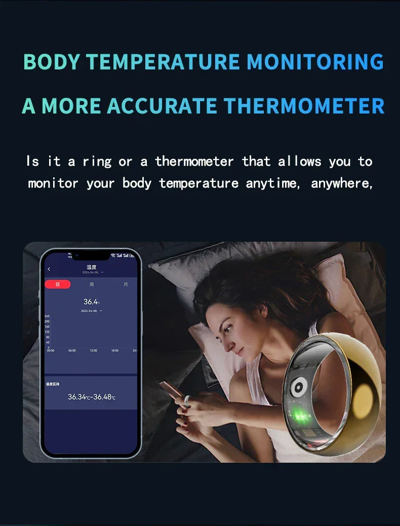 Woman in sleeveless white top using phone in bed, wearing gold smart ring for body temperature monitoring, with mobile health app display.