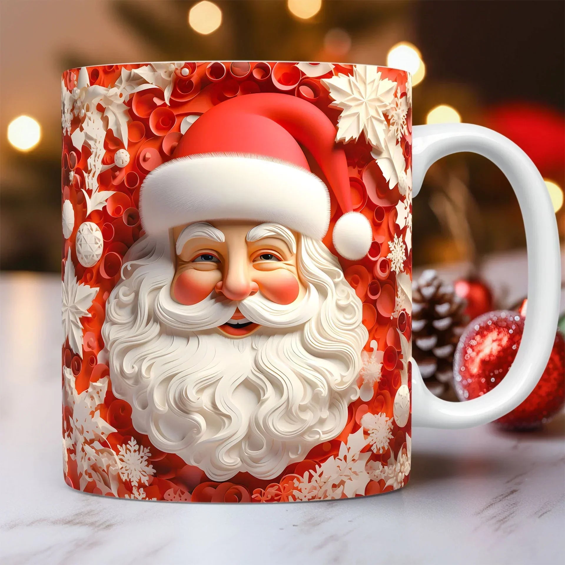 Festive mug with a vibrant Santa Claus design, red background, and white snowflake accents