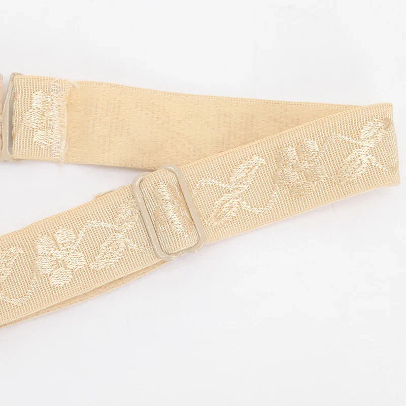 Beige adjustable strap with floral embroidery and metal buckle, soft woven material