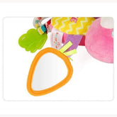 Colorful plush toy with carrot-shaped mirror, soft fabric, and attached teether