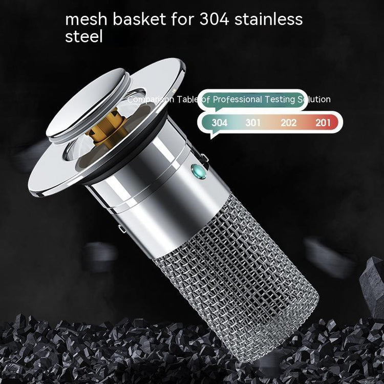 Stainless steel mesh sink drain basket with modern cylindrical design and metallic finish.