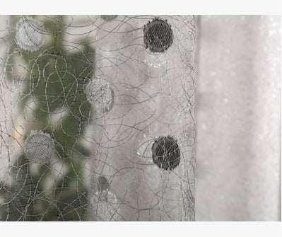 Close-up of sheer mesh fabric with black polka dots and intricate stitching detail