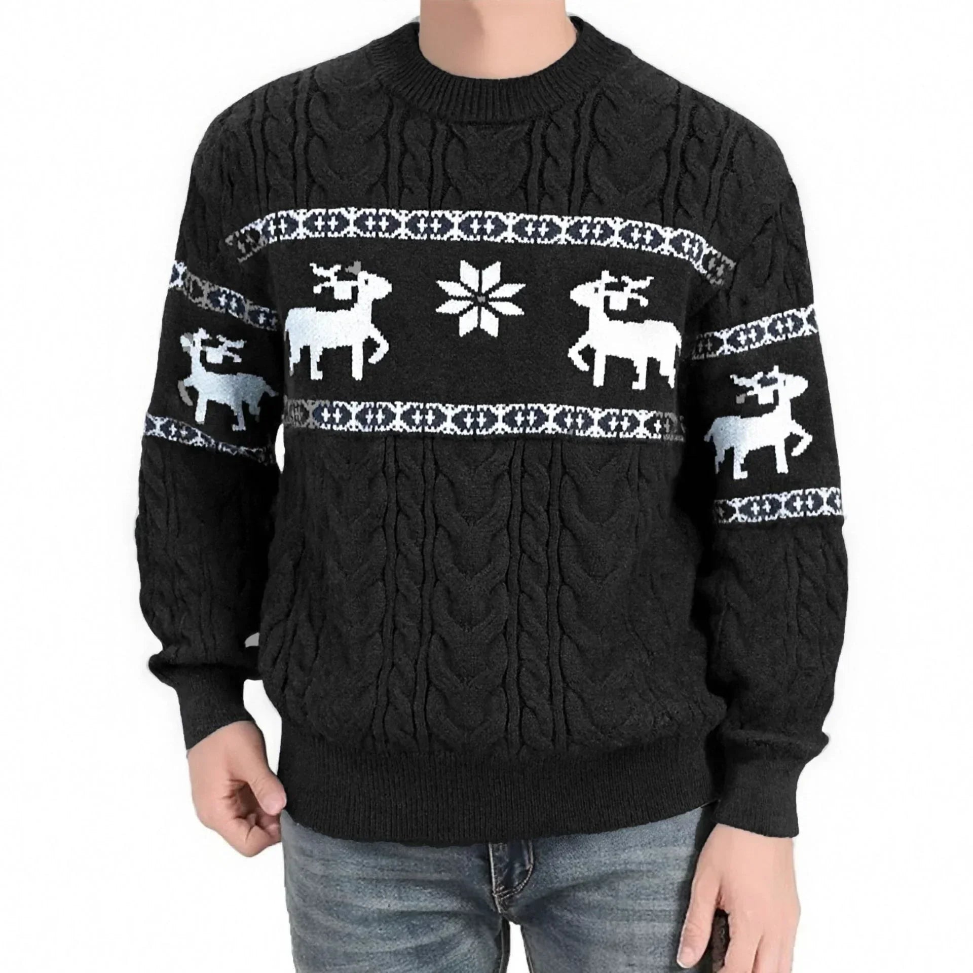 Black cable knit sweater with white reindeer and snowflake pattern, relaxed fit