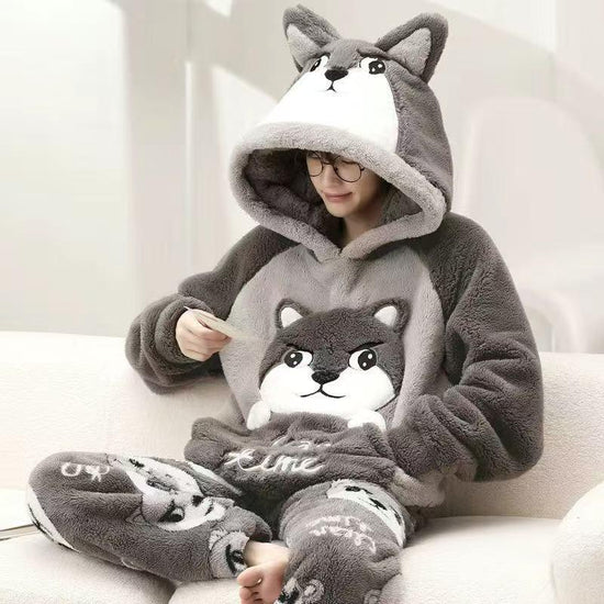 Cozy gray plush loungewear set with cartoon wolf hood, relaxed fit, and soft fleece material
