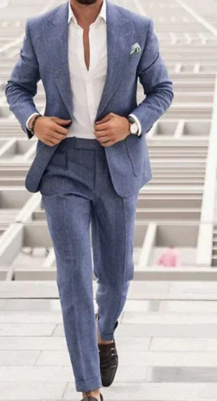 Men's slim fit light blue suit with white dress shirt, linen look, modern style