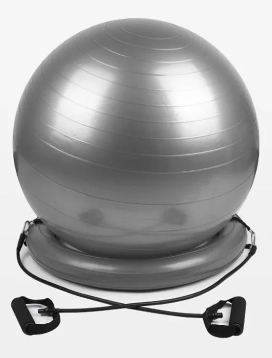 Silver stability exercise ball with resistance bands on a balance base, fitness equipment