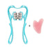 Blue handheld massager with rollers and pink gua sha facial tool on white background