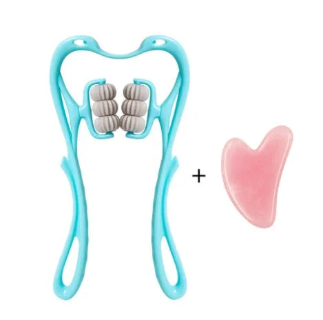 Blue handheld massager with rollers and pink gua sha facial tool on white background