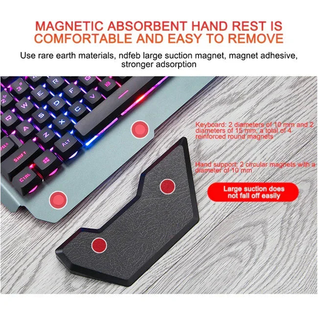Black leather-textured magnetic keyboard wrist rest with strong round magnets for ergonomic comfort.