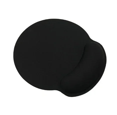 Black ergonomic mouse pad with gel wrist support, smooth fabric surface, modern design