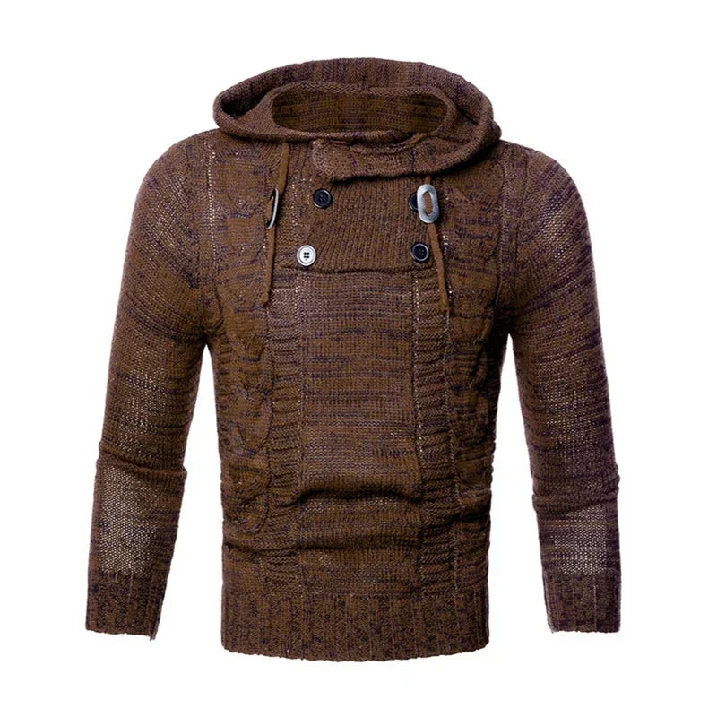 Brown cable knit hoodie sweater with button details, long sleeves, and relaxed fit.