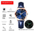 Blue leather strap watch with gold case, blue dial, luminous hands, and waterproof design.