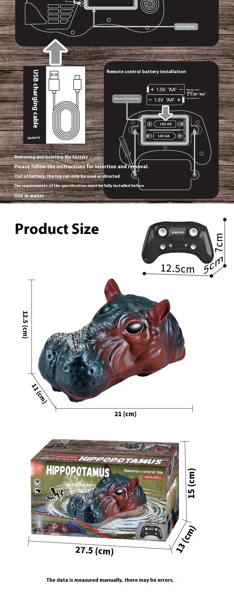 Remote control hippopotamus toy with water spray, black controller, and packaging, product dimensions labeled.