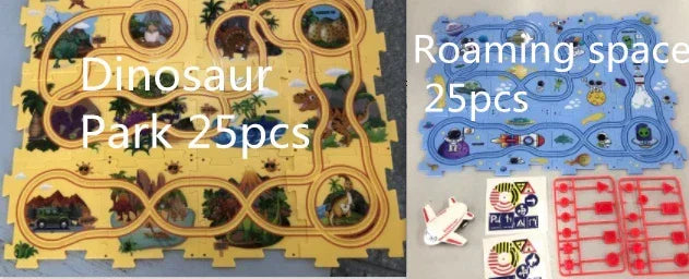 Two kids' puzzle play mats, one dinosaur-themed in yellow and one space-themed in blue, both 25 pieces.