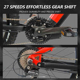 Close-up of black and red mountain bike gears, showing 27-speed drivetrain and gear shifter.