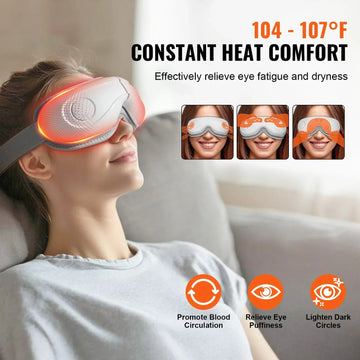 Woman wearing a gray heated eye massager with adjustable fit and LED lights, relaxing indoors